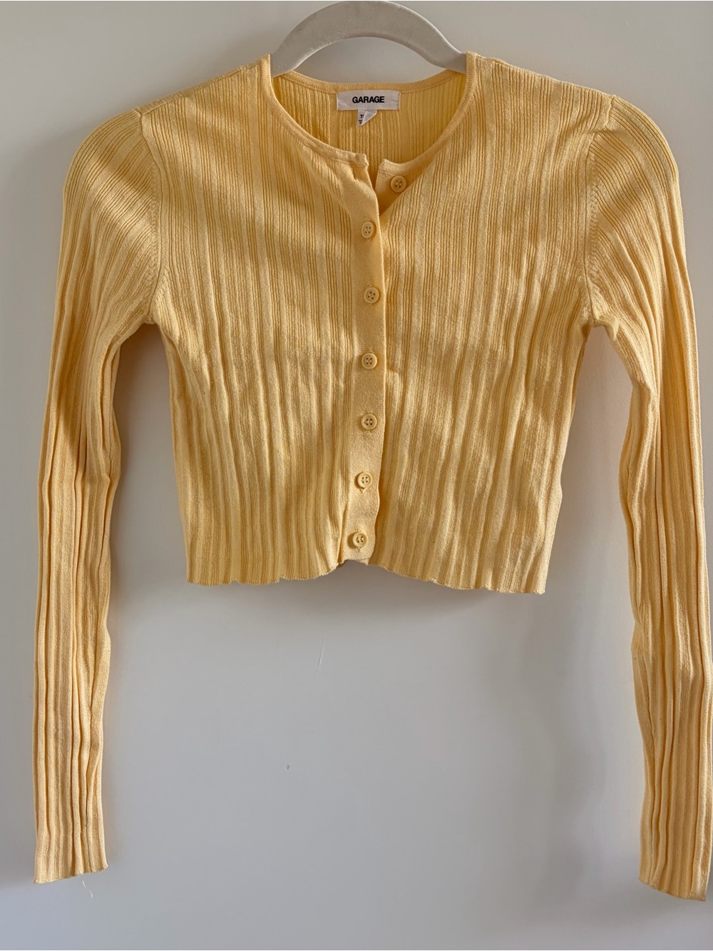 Garage Ribbed Cropped Button-Up Cardigan in Yellow